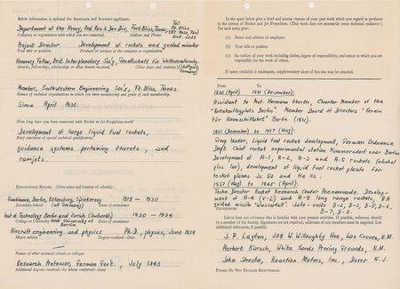 Lot #577 Wernher von Braun: Von Braun?s 1950 application to join the American Rocket Society, including his complete work history for the Germans - Image 2