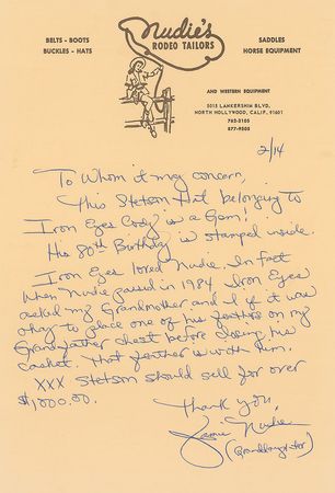 Lot #972 Iron Eyes Cody: Nudie’s Stetson presented to Iron Eyes Cody for his 80th birthday - Image 4