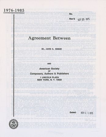 Lot #926 Jim Henson: 10-year ASCAP agreement for ?James M. Henson? - Image 1