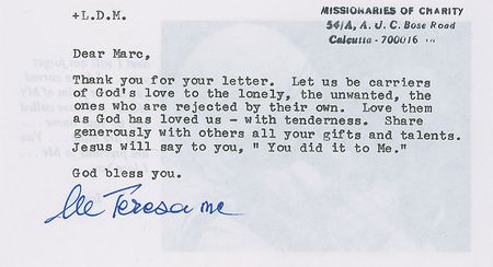 Lot #411 Mother Teresa: ?Let us be carriers of God?s love to the lonely, the unwanted, the ones who are rejected by their own? - Image 1
