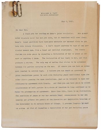 Lot #63 William H. Taft: “The theory that you can make peace by repealing a declaration of war is about as absurd as anything I know” - Image 1