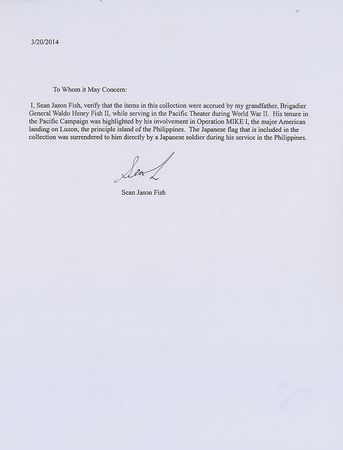 Lot #494 World War II: Unique World War II Pacific Theater archive from a Brigadier General, including tactical Operation MIKE maps and a Japanese ‘good luck’ flag surrendered in the Philippines - Image 3