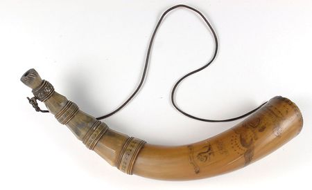 Lot #231 Freemasonry Powder Horn: Patriotic hand-carved powder horn - Image 1