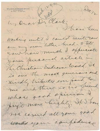 Lot #180 William Jennings Bryan Handwritten Letter Signed - Image 1