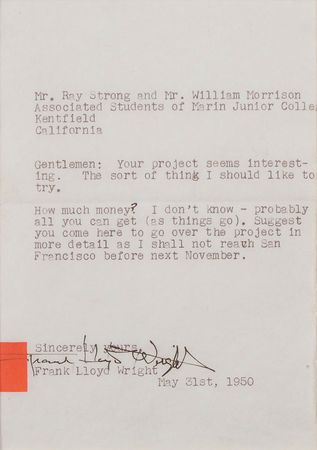 Lot #668 Frank Lloyd Wright: Wright agrees to help with the idea of a ‘living musuem’ - Image 2
