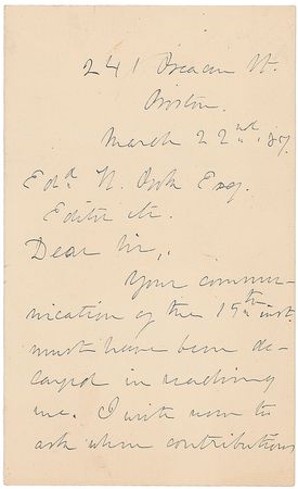 Lot #742 Julia Ward Howe: The patriotic poet seeks to honor the great abolitionist, Henry Ward Beecher - Image 1