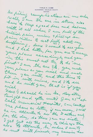 Lot #1183 Ty Cobb: Writing of his ?Cobb Memorial Hospital? and a road trip with ?a friend ?Muddy? Ruel a former ballplayer, catcher? - Image 4