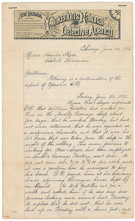 Lot #316 Pinkerton Detective Agency: Fascinating Pinkerton report on a ?suspicious character? and mysterious robbery - Image 1