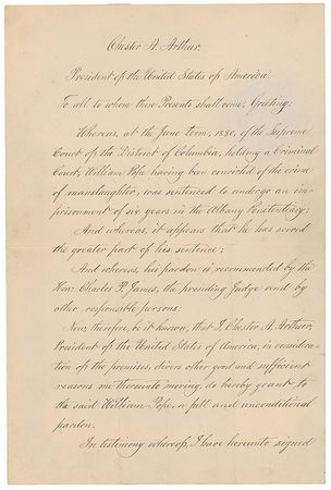 Lot #41 Chester A. Arthur: Rare presidential pardon for a man “convicted of the crime of manslaughter” - Image 1
