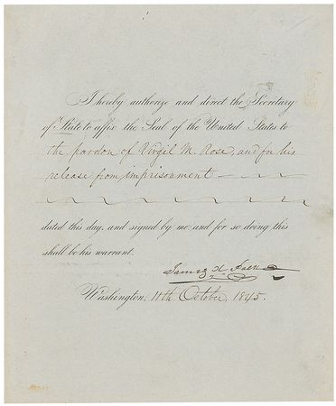 Lot #20 James K. Polk: Scarce pardon issued in