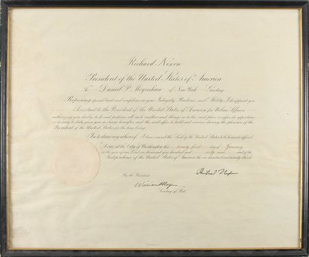 Lot #124 Richard Nixon: Scarce high-level presidential appointment for Daniel Patrick Moynihan from Nixon’s first full day in office - Image 1