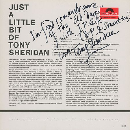 Lot #880 Beatles: Tony Sheridan: Sheridan signs an album “In fond remembrance of the ‘old days’ with J. P. G. R. (& P. & Stuart too)” - Image 2