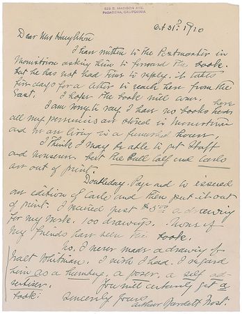 Lot #619 A. B. Frost: ?I never made a drawing of Walt Whitman. I wish I had. I regard him as a humbug, a poser, a self advertiser? - Image 1