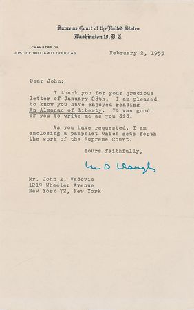 Lot #419 Supreme Court: William O. Douglas Letter and Photograph - Image 2