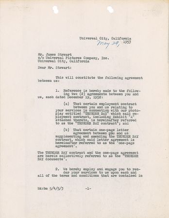 Lot #1156 James Stewart: Modifications to Stewart?s contract to play Glenn Miller, including a large payment to Mrs. Miller - Image 1