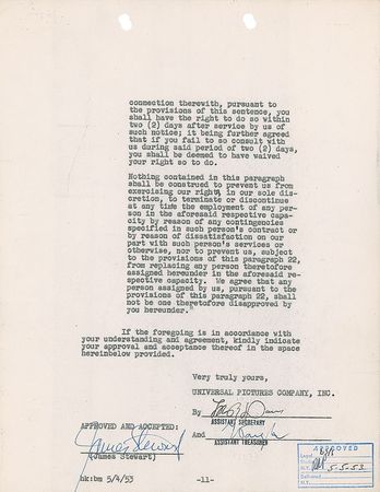 Lot #1156 James Stewart: Modifications to Stewart?s contract to play Glenn Miller, including a large payment to Mrs. Miller - Image 2