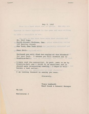 Lot #1198 Vince Lombardi: Lombardi?s handwritten foreword to Winners Never Quit: ?This is a book about men in sports, men who are Spartans in the approach to the game? - Image 1