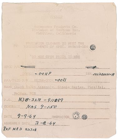 Lot #192 Apollo Command and Service Module Check Valve - Image 4