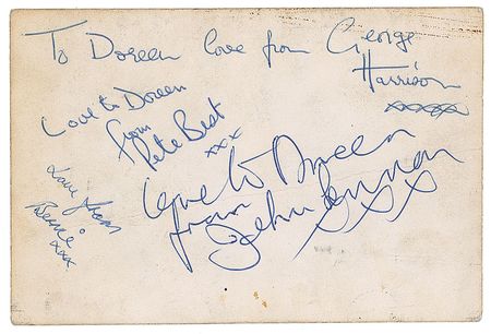 Lot #587 Beatles: Early 1962 promo card with Pete Best, signed just three days before he was fired by the band - Image 1