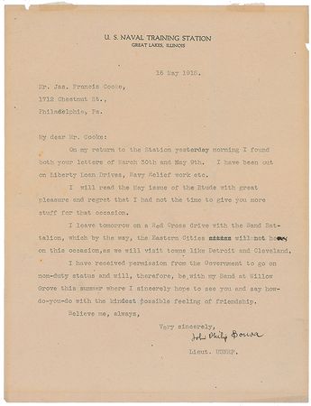 Lot #578 John Philip Sousa: ?I have received permission from the Government to go on non-duty status and will, therefore, be with my Band at Willow Grove this summer? - Image 1