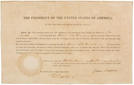 Lot #5 James Madison: Rare War of 1812 appointment for a “Second Lieutenant of Volunteers” - Image 1