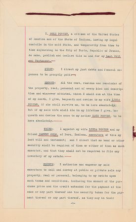 Lot #630 Cole Porter: The Broadway composer?s official Last Will and Testament, drawn up while ?from time to time sojourning in the City of Paris? - Image 1