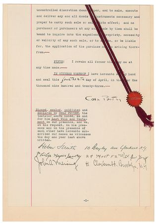 Lot #630 Cole Porter: The Broadway composer?s official Last Will and Testament, drawn up while ?from time to time sojourning in the City of Paris? - Image 2