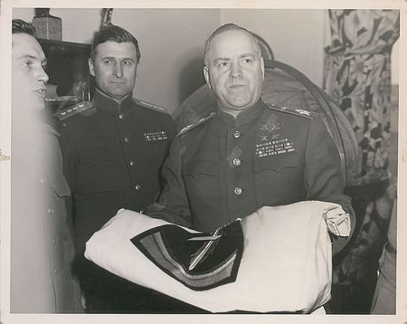 Lot #327 Georgy Zhukov: Scarce photo of the Stalingrad commander receiving Eisenhower’s gift to celebrate the German surrender - Image 1