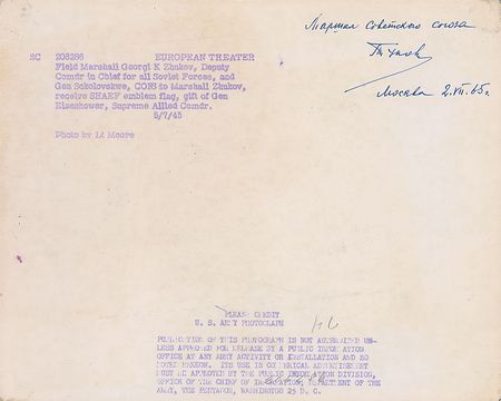 Lot #327 Georgy Zhukov: Scarce photo of the Stalingrad commander receiving Eisenhower’s gift to celebrate the German surrender - Image 2