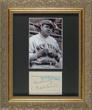 Lot #919 Babe Ruth: Highly desirable Ruth signature alongside DiMaggio’s Miss America paramour - Image 1