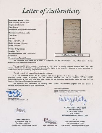 Lot #905 James J. Corbett Handwritten Letter Signed - Image 3