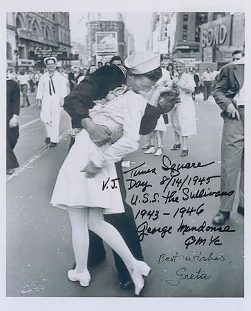 Lot #340 V-J Day: “The girls face on my right shoulder was my date on Aug 14/45—is my wife today of 62 years” - Image 1
