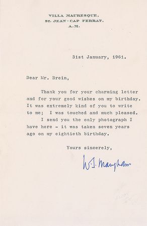 Lot #542 W. Somerset Maugham Letter and Photograph - Image 1