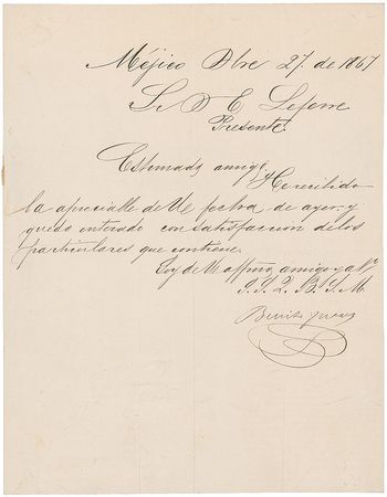 Lot #174 Benito Juarez Signed Letter - Image 1