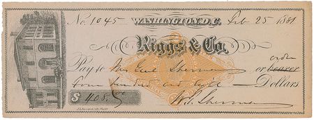 Lot #321 William T. Sherman: Highly desirable check made payable to his wife, “Mrs. Genl Sherman” - Image 1