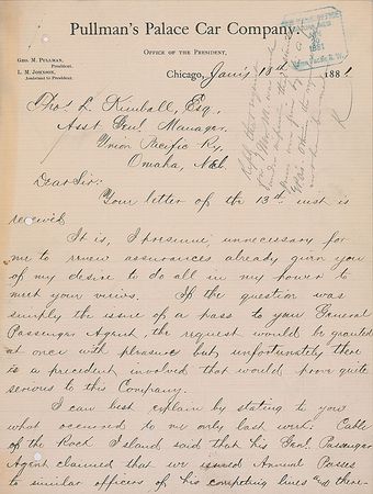Lot #206 George Pullman: Pullman writes to the Union Pacific Railroad - Image 1
