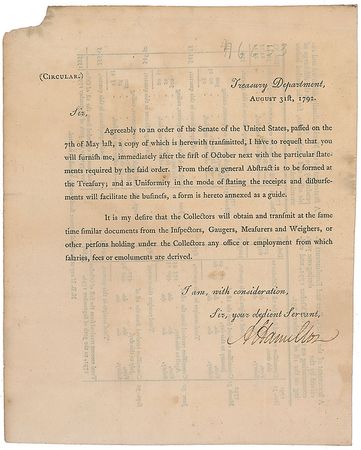 Lot #162 Alexander Hamilton: Exceptional US Treasury circular from 1792—just after Hamilton prevented economic disaster - Image 1