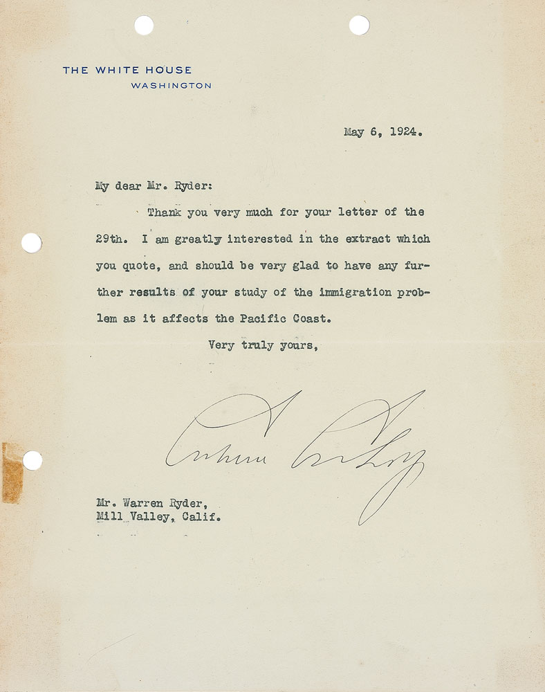 Lot 67 Calvin Coolidge: Inquiring about ?the immigration problem as it affects the Pacific Coast,? just before signing the restrictive Immigration Act of 1924