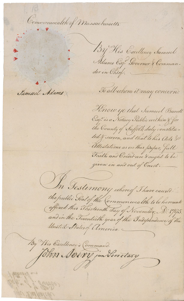 Lot 170 Samuel Adams: Signing off on the value of a ship seized by the Harlequin, manned by Bermuda privateers