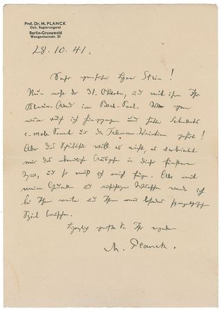 Lot #279 Max Planck: Planck regretfully declines an invitation to an evening of music, unable to enjoy “an evening out in this dark time” - Image 1