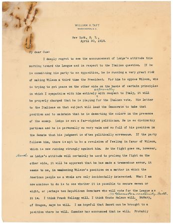 Lot #61 William H. Taft: Combating opposition to the League of Nations: “If we can prevent that, then the Republicans can not afford to stand on the issue of ‘Peace or continued state of war’” - Image 1