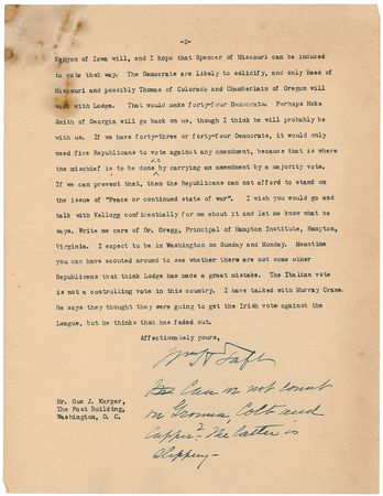Lot #61 William H. Taft: Combating opposition to the League of Nations: “If we can prevent that, then the Republicans can not afford to stand on the issue of ‘Peace or continued state of war’” - Image 2