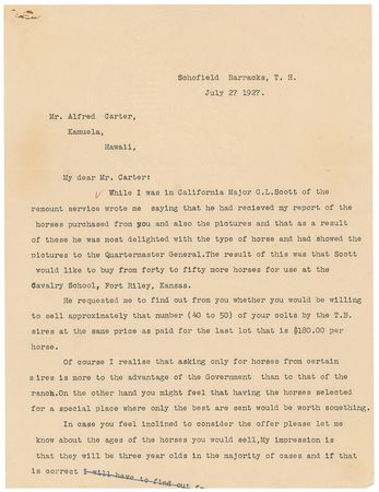 Lot #431 George S. Patton: Patton seeks to buy horses from Hawaii for use at Fort Riley?s Cavalry School - Image 1