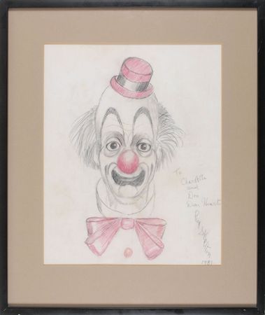 Lot #1045 Red Skelton: Oversized clown portrait created in-flight on a first class dinner napkin - Image 1