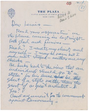 Lot #626 Frank Lloyd Wright: ?You mean that the master is so vain in the power of his works that he sacrifices his client on the altar of his virtuosity? - Image 1