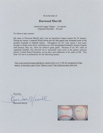 Lot #1233 Carlton Fisk Game-Used Baseball - Image 4