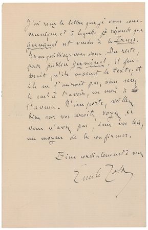 Lot #753 Emile Zola: Exceptional letter on the expurgation of Germinal, his masterpiece - Image 3