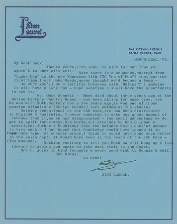 Lot #1100 Stan Laurel: ?That was the first time I met Babe Hardy, never thought we?d become a team? - Image 1