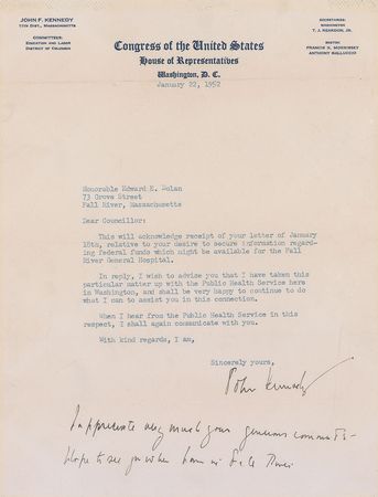 Lot #87 John F. Kennedy: JFK promises to seek “federal funds which might be available for the Fall River General Hospital” - Image 1