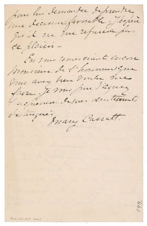 Lot #606 Mary Cassatt: Outstanding letter hoping to secure from Durand-Ruel “the painting that you have chosen for the Luxembourg” - Image 2